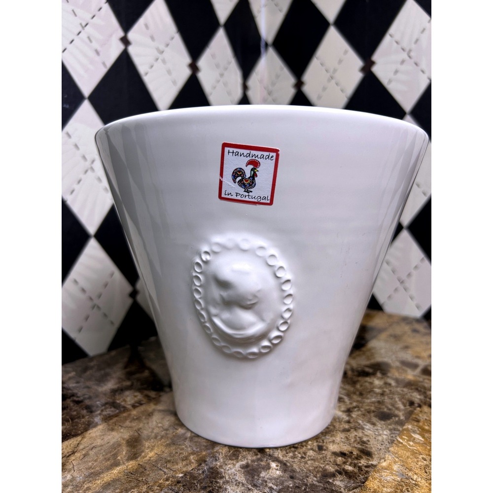 White Ceramic Ice Bucket or Planter Classical Female Relief‎ Portugal Pottery